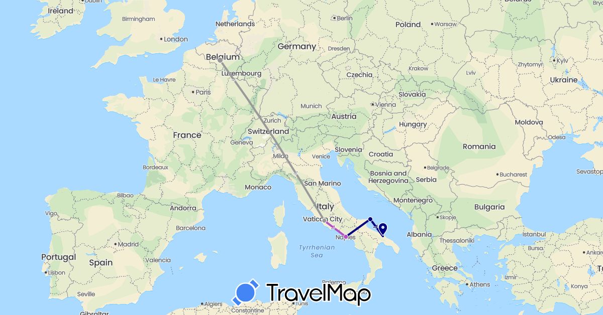 TravelMap itinerary: driving, plane, train in Belgium, Italy (Europe)